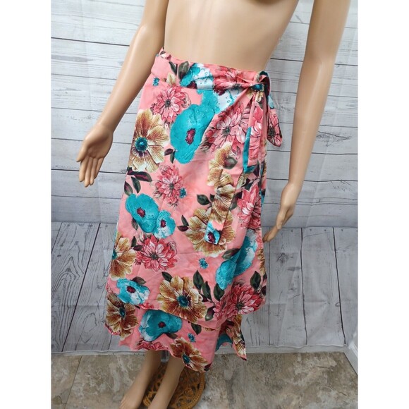 Wrap Skirt Reversible Women Floral Coral Blue Silk Blend Sz M - Picture 1 of 10
